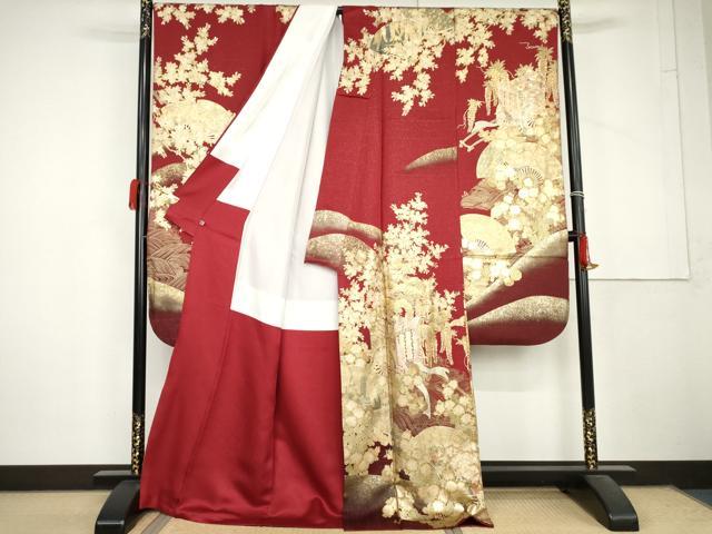 平和屋着物●豪華振袖　御所車扇面花文　金彩　銀通し地　さが美扱い　ロング丈　正絹　逸品　AABL6440cs