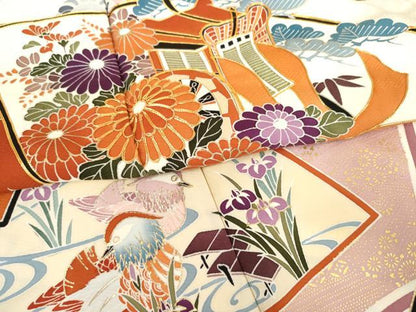 平和屋着物●豪華振袖　駒刺繍　地紙花鳥文　金彩　正絹　逸品　AABL6443cs