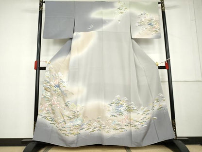 平和屋着物●訪問着　友禅　渡り橋風景松文　暈し染め　正絹　逸品　AABL6466cs