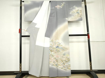 平和屋着物●訪問着　友禅　渡り橋風景松文　暈し染め　正絹　逸品　AABL6466cs