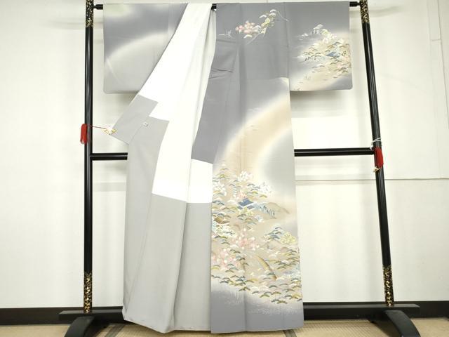 平和屋着物●訪問着　友禅　渡り橋風景松文　暈し染め　正絹　逸品　AABL6466cs