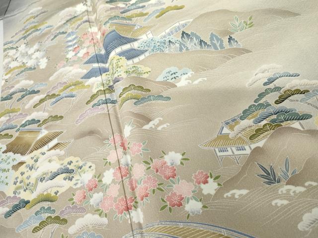 平和屋着物●訪問着　友禅　渡り橋風景松文　暈し染め　正絹　逸品　AABL6466cs