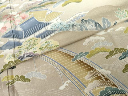 平和屋着物●訪問着　友禅　渡り橋風景松文　暈し染め　正絹　逸品　AABL6466cs