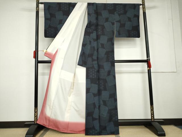平和屋着物●結城紬　80亀甲　吉祥色紙重ね文　正絹　逸品　AABL6468cs