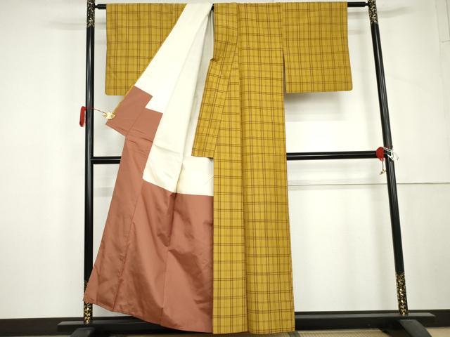 平和屋着物●本場黄八丈　平織　紬　格子　正絹　逸品　AABL6470cs