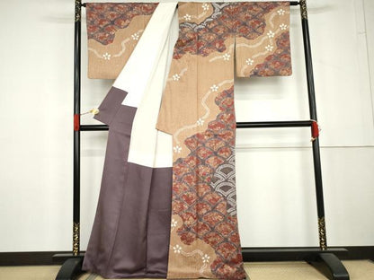 平和屋着物●訪問着　絞り　刺繍　流水花青海波　金糸　金彩　正絹　逸品　AABL6471cs