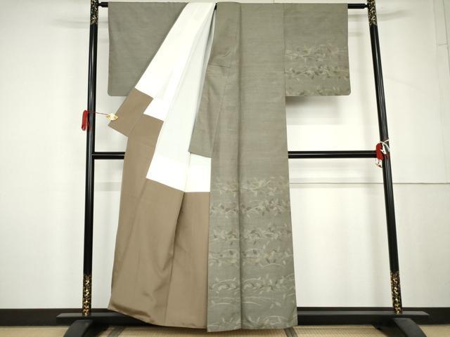 平和屋着物●訪問着　塩沢紬　芝葉文　正絹　逸品　AABL6479cs