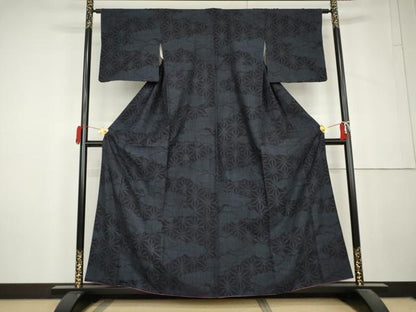 平和屋着物●結城紬　80亀甲　雲取り麻の葉文様　正絹　逸品　AABL6482cs