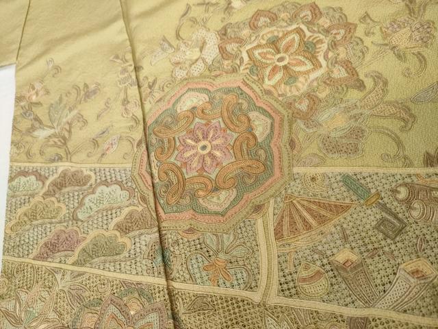 平和屋着物●中国三大刺繍　スワトウ刺繍　汕頭刺繍　相良刺繍　総刺繍　訪問着　正倉院更紗花文　ロング丈　正絹　逸品　AABL6483cs