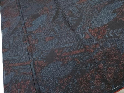 平和屋着物●結城紬　80亀甲　風景文　正絹　逸品　未使用　AABL6487cs