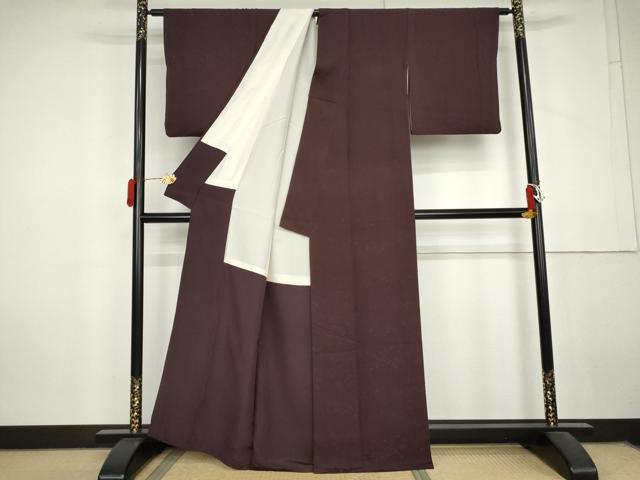 平和屋着物●上質な色無地　吹き寄せ地紋　葡萄色　正絹　逸品　AABL6491cs