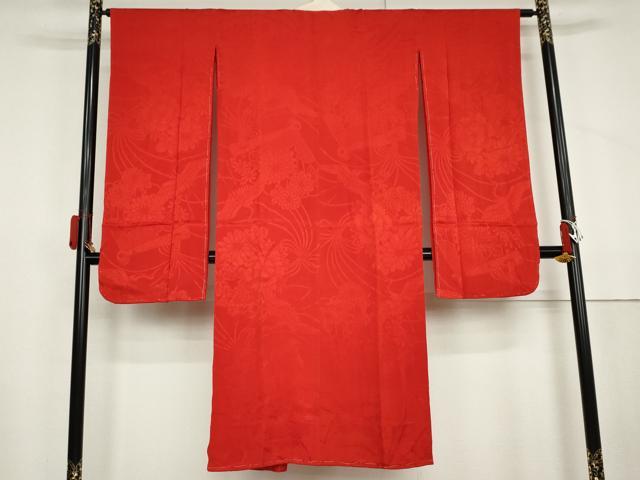 平和屋着物●アンティーク　大正ロマン　長襦袢　袷　飛鶴花地紋　紅赤色　半衿刺繍　広衿仕立て　正絹　逸品　AABL6492cs