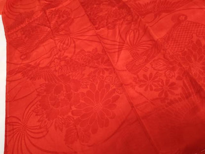 平和屋着物●アンティーク　大正ロマン　長襦袢　袷　飛鶴花地紋　紅赤色　半衿刺繍　広衿仕立て　正絹　逸品　AABL6492cs