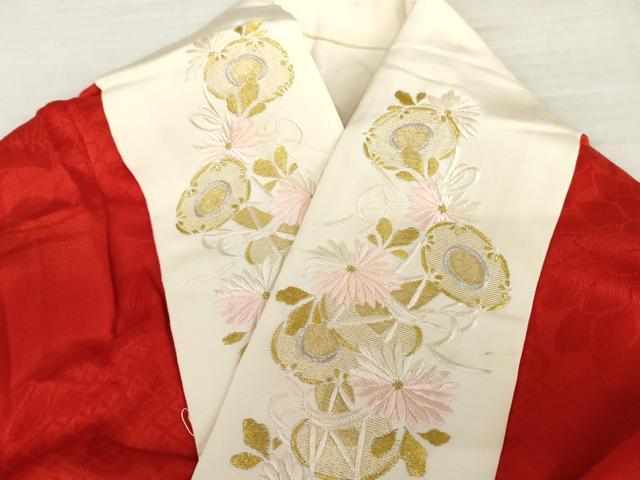 平和屋着物●アンティーク　大正ロマン　長襦袢　袷　飛鶴花地紋　紅赤色　半衿刺繍　広衿仕立て　正絹　逸品　AABL6492cs