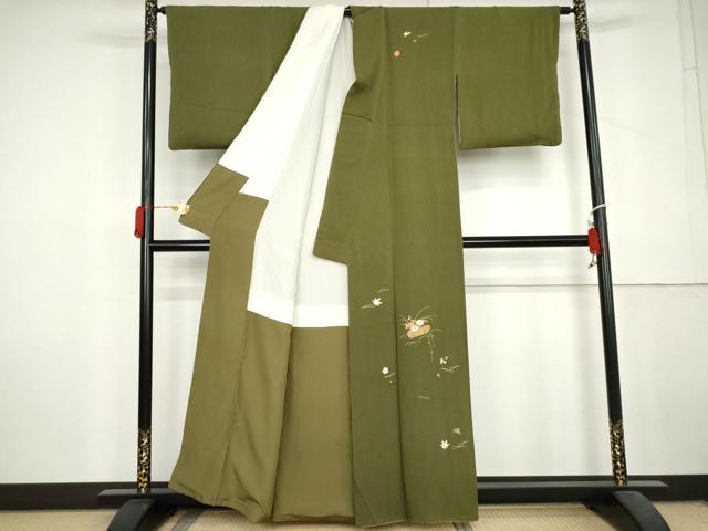 平和屋着物●訪問着　駒刺繍　吹き寄せ花文　金糸　鬼しぼ縮緬　正絹　逸品　AABL6497cs