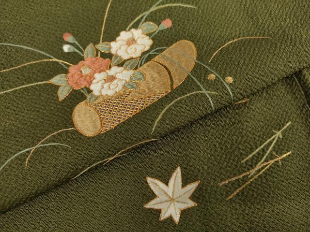 平和屋着物●訪問着　駒刺繍　吹き寄せ花文　金糸　鬼しぼ縮緬　正絹　逸品　AABL6497cs