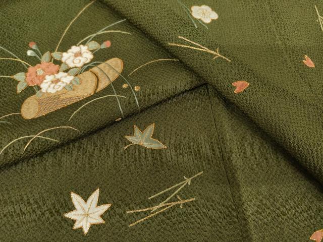 平和屋着物●訪問着　駒刺繍　吹き寄せ花文　金糸　鬼しぼ縮緬　正絹　逸品　AABL6497cs