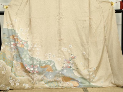 平和屋着物●訪問着　道長草花文　金彩　ロング丈　正絹　逸品　AABL6513cs