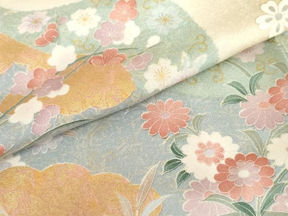 平和屋着物●訪問着　道長草花文　金彩　ロング丈　正絹　逸品　AABL6513cs