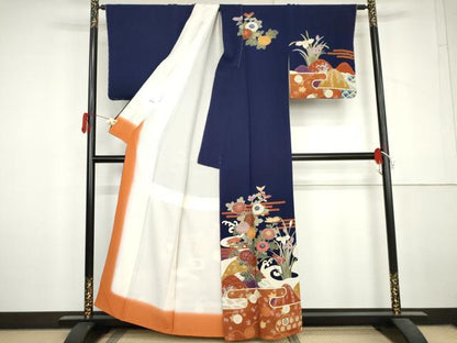 平和屋着物●訪問着　駒刺繍　重ね山枝花文　金銀彩　鬼しぼ縮緬　正絹　逸品　未使用　AABL6517cs
