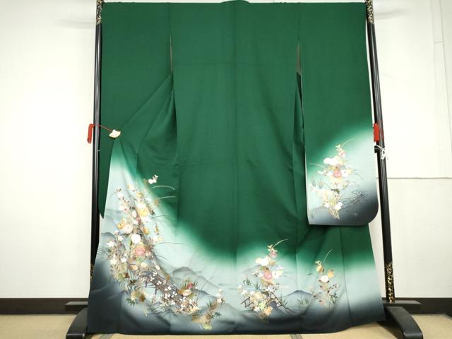 平和屋着物●豪華振袖　刺繍　渡橋風景花文　暈し染め　金糸　金彩　正絹　逸品　AABL6518cs