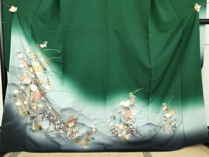 平和屋着物●豪華振袖　刺繍　渡橋風景花文　暈し染め　金糸　金彩　正絹　逸品　AABL6518cs