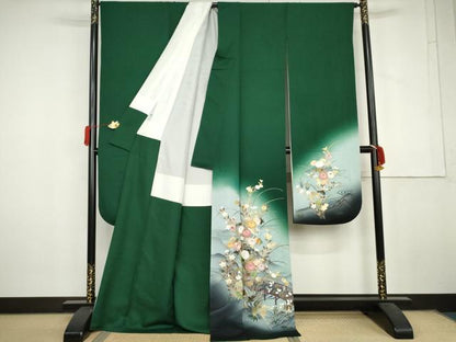 平和屋着物●豪華振袖　刺繍　渡橋風景花文　暈し染め　金糸　金彩　正絹　逸品　AABL6518cs