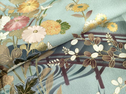 平和屋着物●豪華振袖　刺繍　渡橋風景花文　暈し染め　金糸　金彩　正絹　逸品　AABL6518cs