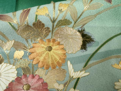 平和屋着物●豪華振袖　刺繍　渡橋風景花文　暈し染め　金糸　金彩　正絹　逸品　AABL6518cs