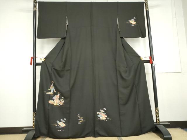 平和屋着物●中国三大刺繍　相良刺繍　総刺繍　訪問着　女人文　黒地　金糸　金彩　正絹　逸品　AABL6520cs