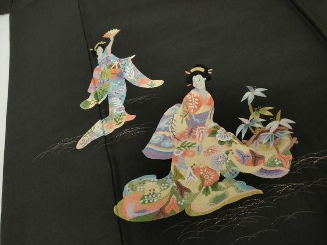 平和屋着物●中国三大刺繍　相良刺繍　総刺繍　訪問着　女人文　黒地　金糸　金彩　正絹　逸品　AABL6520cs