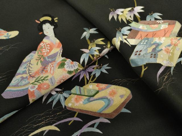 平和屋着物●中国三大刺繍　相良刺繍　総刺繍　訪問着　女人文　黒地　金糸　金彩　正絹　逸品　AABL6520cs