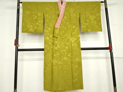平和屋着物●長襦袢　無双仕立て　花蝶地紋　青丹色　半衿刺繍　やまと誂製　正絹　逸品　AABL6522cs