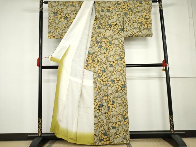 平和屋着物●上質な小紋　ろうけつ染　南天枝葉文　暈し染め　正絹　逸品　AABL6528cs