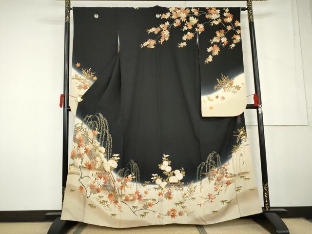 平和屋着物●現代アンティーク　貝島はるみ　綺麗伝説　振袖　渡り橋風景文　暈し染め　黒地　正絹　逸品　AABL6533cs