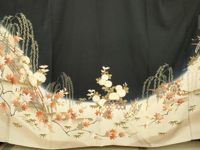 平和屋着物●現代アンティーク　貝島はるみ　綺麗伝説　振袖　渡り橋風景文　暈し染め　黒地　正絹　逸品　AABL6533cs