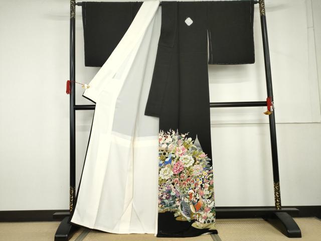 平和屋着物●本加賀友禅作家　谷崎善治　黒留袖　鴛鴦花文　浜ちりめん　反端付き　正絹　逸品　AABL6537cs