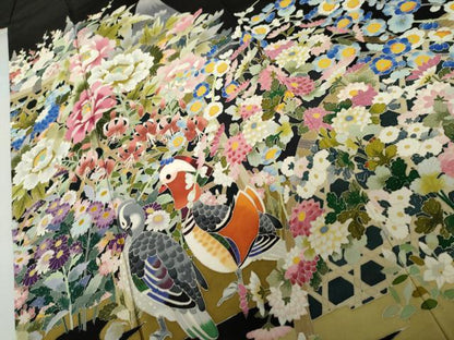 平和屋着物●本加賀友禅作家　谷崎善治　黒留袖　鴛鴦花文　浜ちりめん　反端付き　正絹　逸品　AABL6537cs