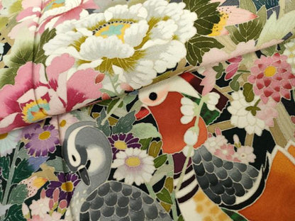 平和屋着物●本加賀友禅作家　谷崎善治　黒留袖　鴛鴦花文　浜ちりめん　反端付き　正絹　逸品　AABL6537cs