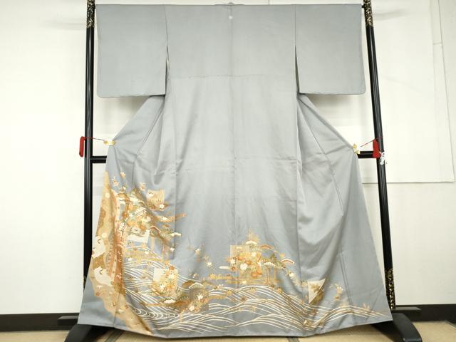 平和屋着物●豪華色留袖　駒刺繍　色紙重ね吉祥花文　金彩　正絹　逸品　AABL6539cs