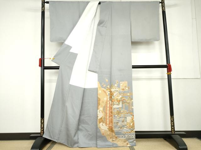 平和屋着物●豪華色留袖　駒刺繍　色紙重ね吉祥花文　金彩　正絹　逸品　AABL6539cs
