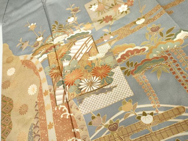 平和屋着物●豪華色留袖　駒刺繍　色紙重ね吉祥花文　金彩　正絹　逸品　AABL6539cs