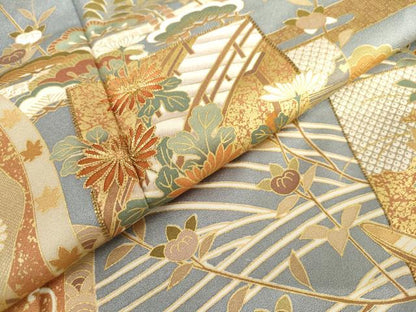 平和屋着物●豪華色留袖　駒刺繍　色紙重ね吉祥花文　金彩　正絹　逸品　AABL6539cs