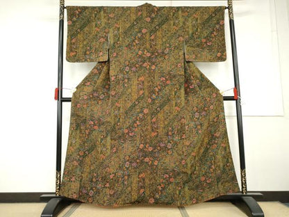 平和屋着物●上質な小紋　更紗花文　鬼しぼ縮緬　正絹　逸品　AABL6551cs