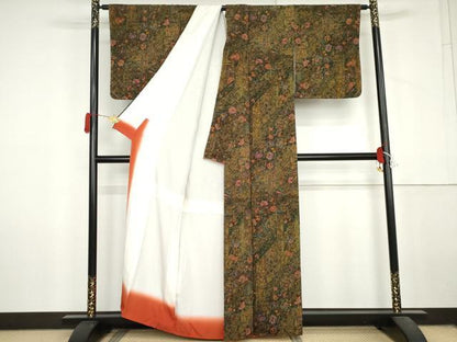 平和屋着物●上質な小紋　更紗花文　鬼しぼ縮緬　正絹　逸品　AABL6551cs