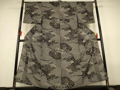 平和屋着物＊夏物　小紋　絽　風景文　黒地　正絹　逸品　AABL6564jd