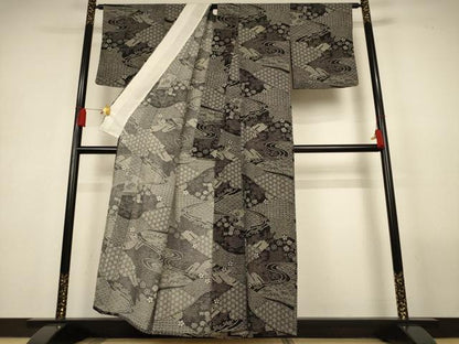 平和屋着物＊夏物　小紋　絽　風景文　黒地　正絹　逸品　AABL6564jd