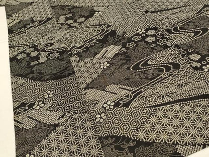 平和屋着物＊夏物　小紋　絽　風景文　黒地　正絹　逸品　AABL6564jd