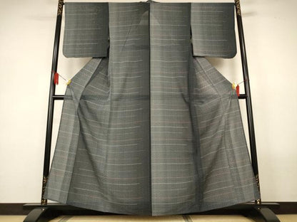 平和屋着物＊夏物　小紋　絽　横段紐文　黒地　正絹　逸品　AABL6574jd