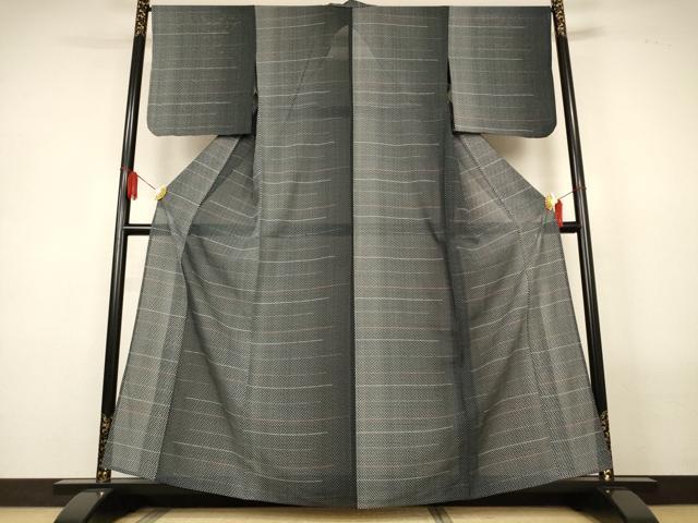 平和屋着物＊夏物　小紋　絽　横段紐文　黒地　正絹　逸品　AABL6574jd
